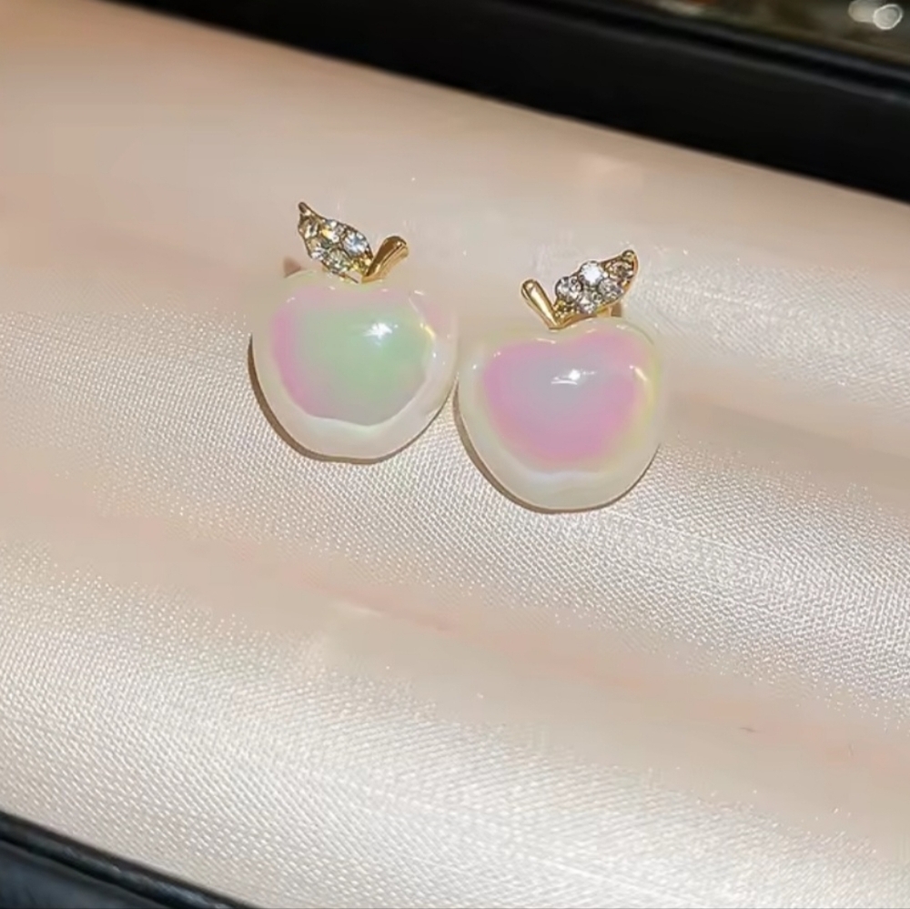 Pearl Apple Earrings - Gold Leaves Rhinestones - NEW